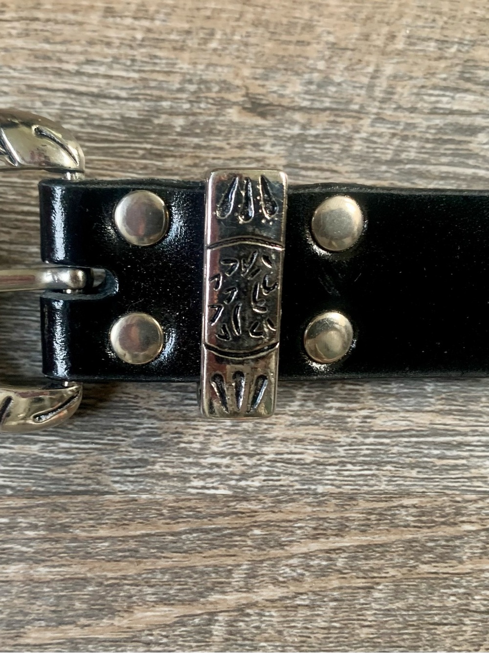 Omega Vintage Western Boho Black Leather Belt with Decorative Silver Accents